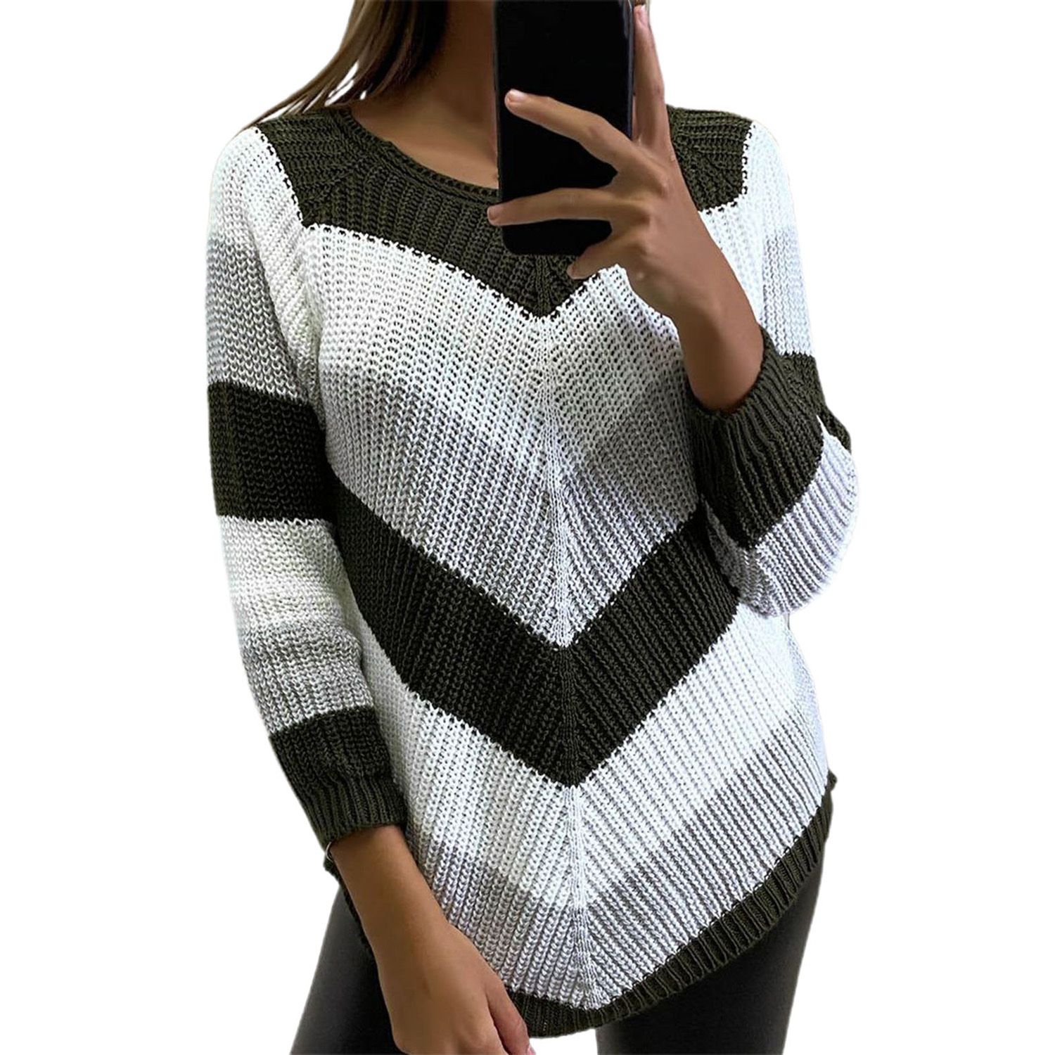 Autumn Sweater O Neck Contrast Colors Anti-shrink Spring Sweater