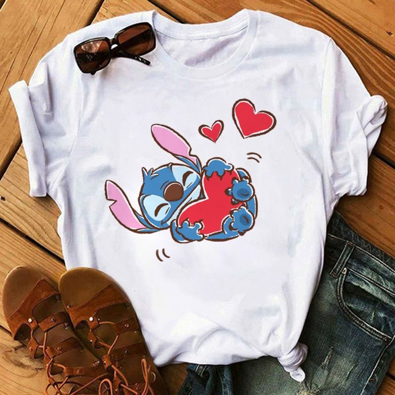 Kawaii Disney Cartoon Stitch T Shirt Men/Women Ohana Lilo Stitch Graphic Tees  Anime Summer Tops Harajuku T-shirt Female