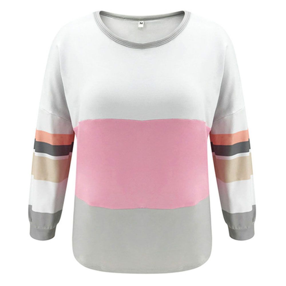 Women Fashion Casual Color Block Round Neck Tunic Tops Long Sleeve Loose Fit Pullover Blouse
