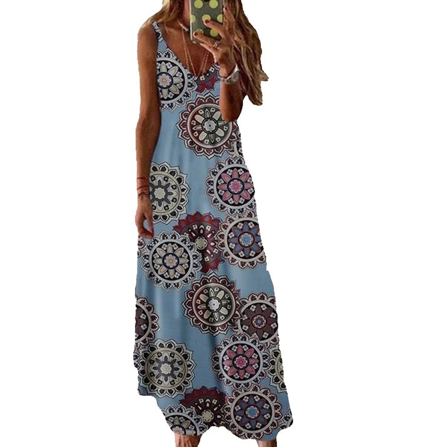 2021 Women Fashion Floral Printed Vacation Dress, Sling V Neck Casual Long Dress Maxi Dress