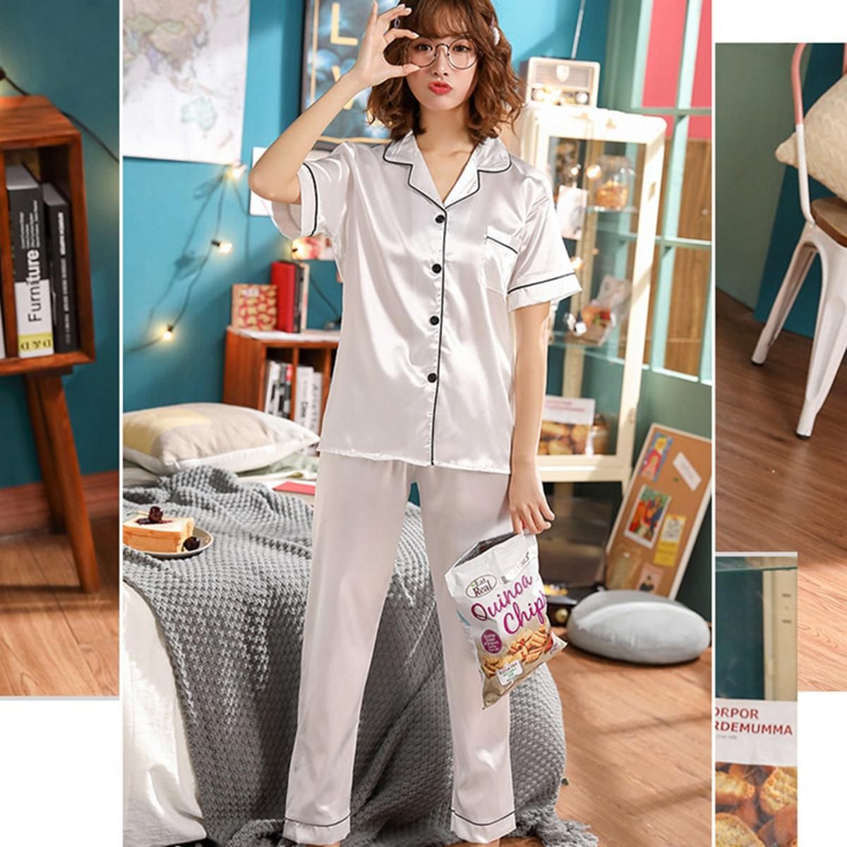 Pajamas for Women Silk Satin Sets 2 Pieces Women's Nightie Shorts Sleepwear Pijama Female Summer Sleeve Pajama Suit Plus Size