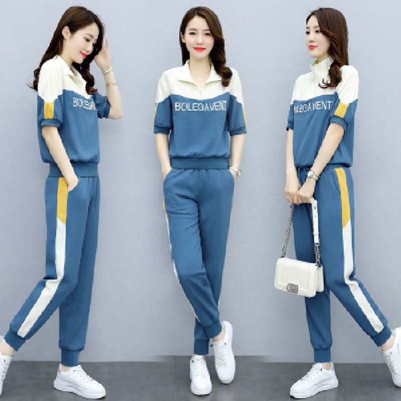 2 Pcs/set Women Suit Fashion Print Sports Leisure Suit Short-sleeve op rousers Outfits color