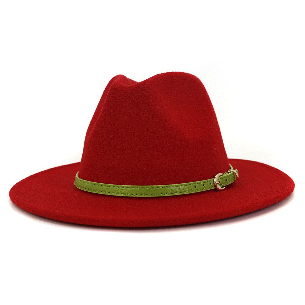Fashion Lime Green Belt Buckle Decor Artificial Wool Felt Jazz Fedora Hats Women Flat Large Panama Cowboy Cap L XL