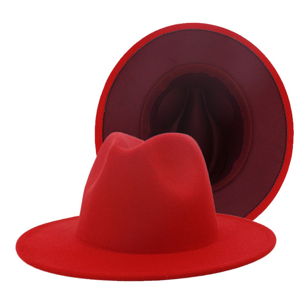 New Hot Black Red Patchwork Wool Felt Fedora Cap Men Women Flat Brim Blend Top Jazz Hats Panama Trilby Vintage Hat 58cm 60cm
