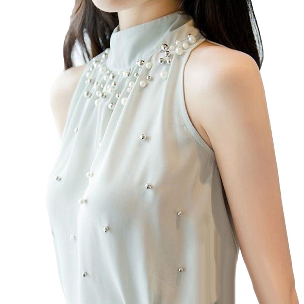 Women Sleeveless Mock Neck Halter Blouse Beads Chiffon Top