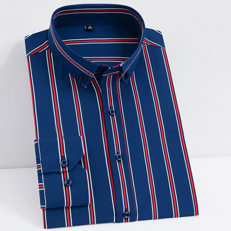 Men's Striped Long Sleeve Dress Shirt Button-down Collar Stretch Formal Office Business Regular Fit Soft Male Smart Casual Shirt
