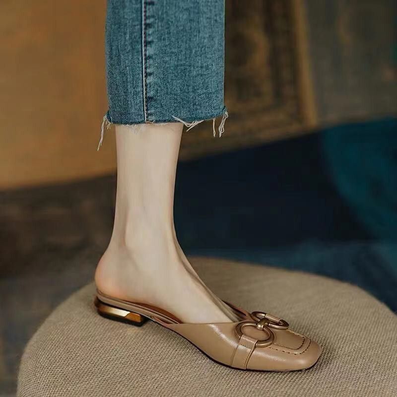 Women's Slippers Checkered Metal Decoration Square Toe Mid Square Heel Ladies Pumps Sewing All-match Female Footwears