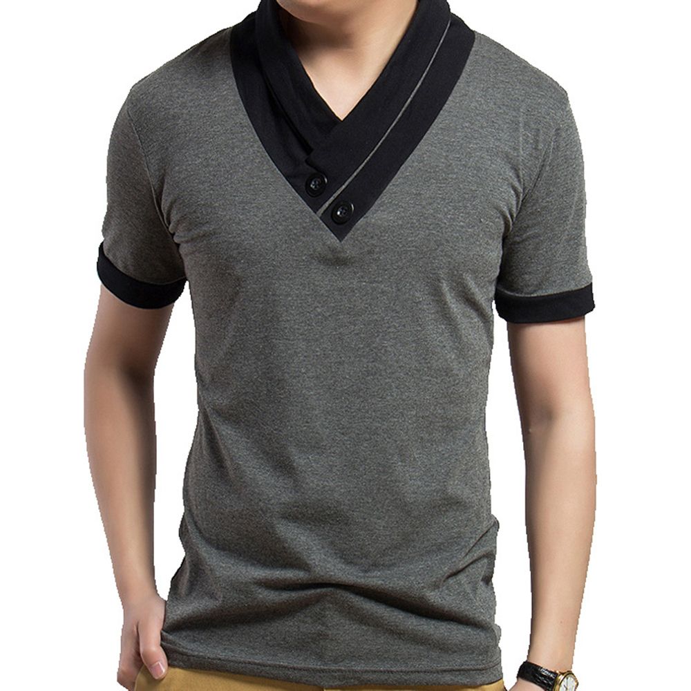 Fashion Men Patchwork Button V Neck Short Sleeve T-Shirt Summer Slim Blouse Top