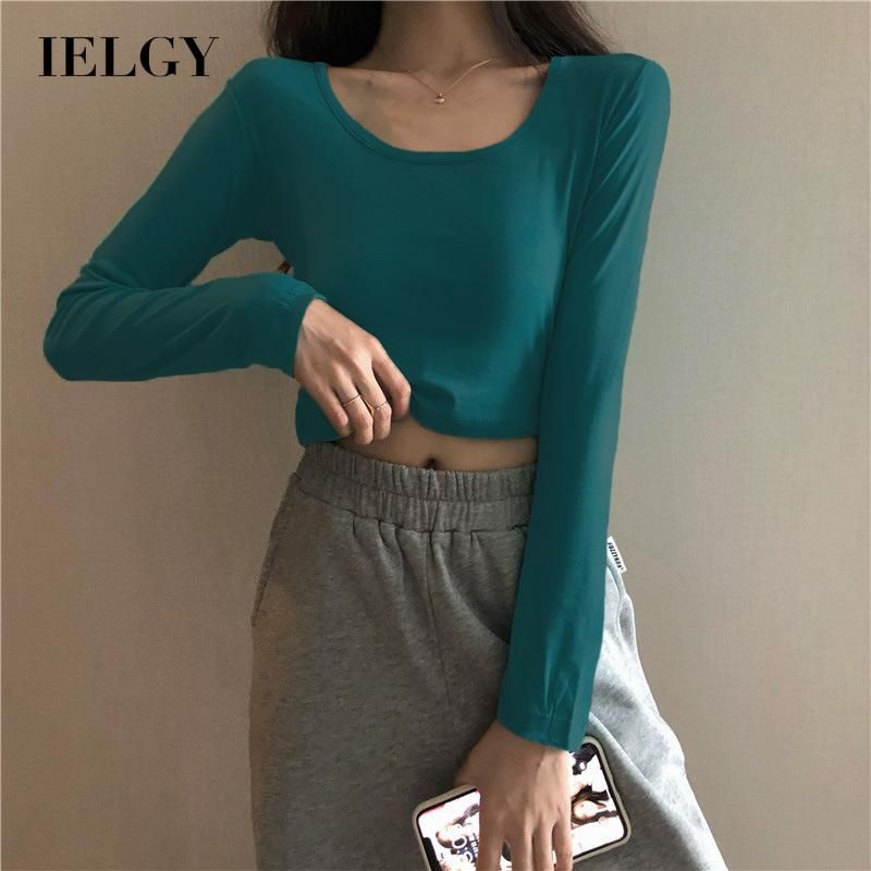 IELGY top t-shirt women's clothing Solid color bottoming all-match short long-sleeved round neck inner wear