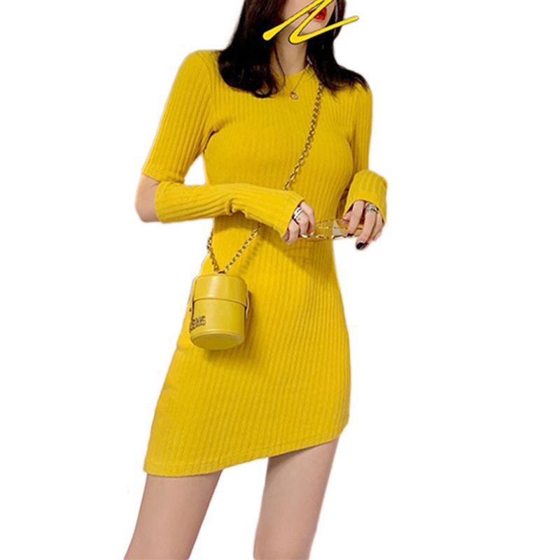 2021 fashion Women Slim Fit Dresses Solid Color Skinny Dress Long Sleeve Package Hip Skirt