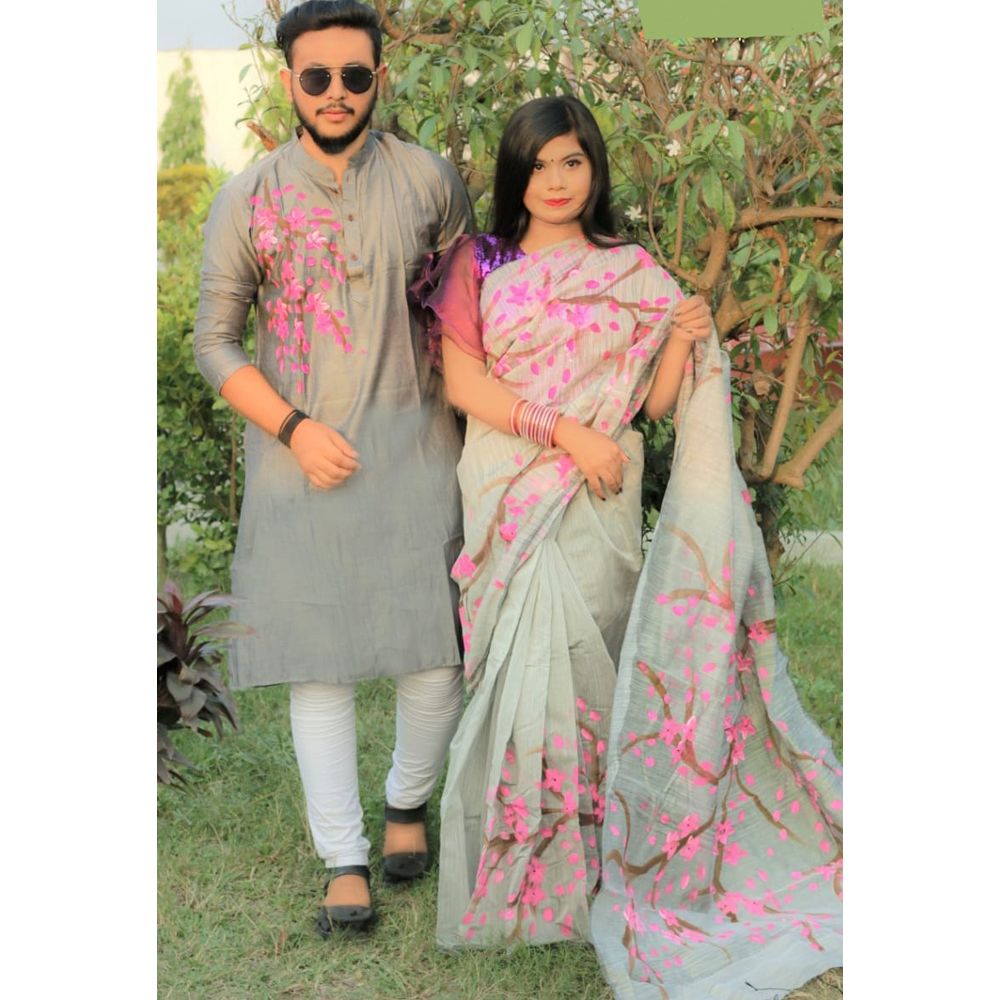 New Exclusive Design Ash Color Hand Print Half Silk Saree and Dupionn Panjabi couple Dress for Men and women