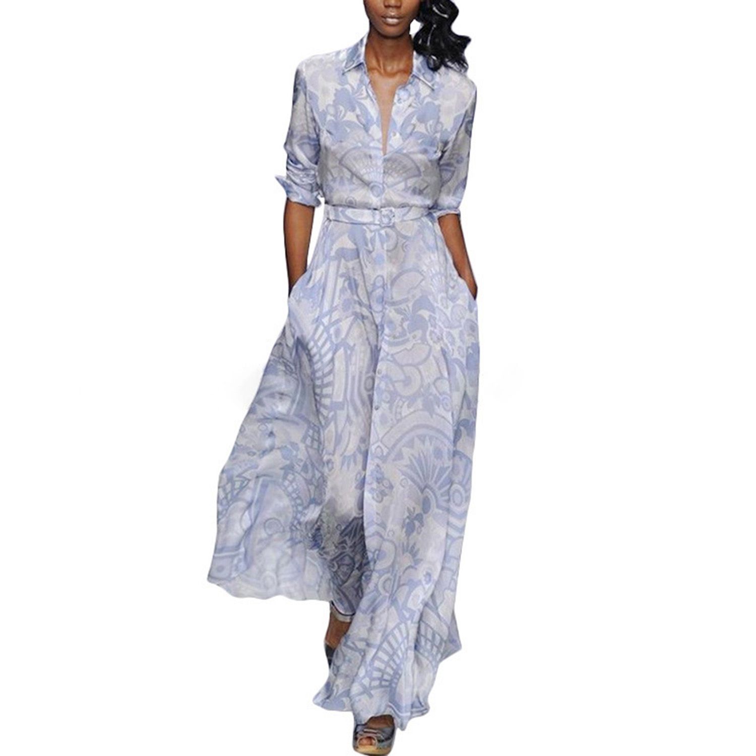 Women Dress Printed Elegant Buttons Dress