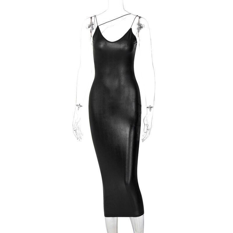 Dulzura Pu Faux Leather Women Slit Midi Dress Strap V Neck Backless Bodycon Streetwear Party Elegant Autumn Winter Club