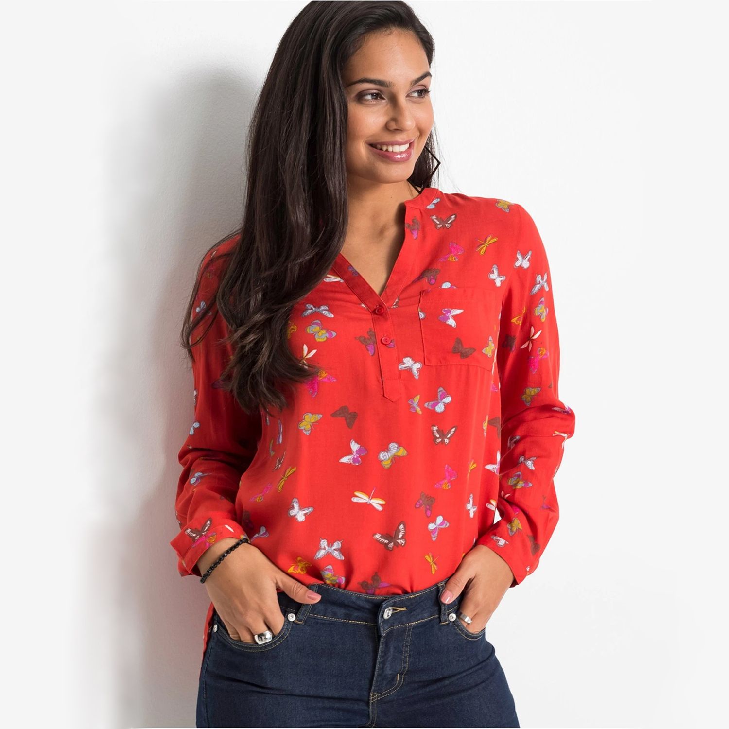 Red Butterfly Printed Viscose Long Sleeve Ladies Top (Red\Ct-1) - Blouse For Women