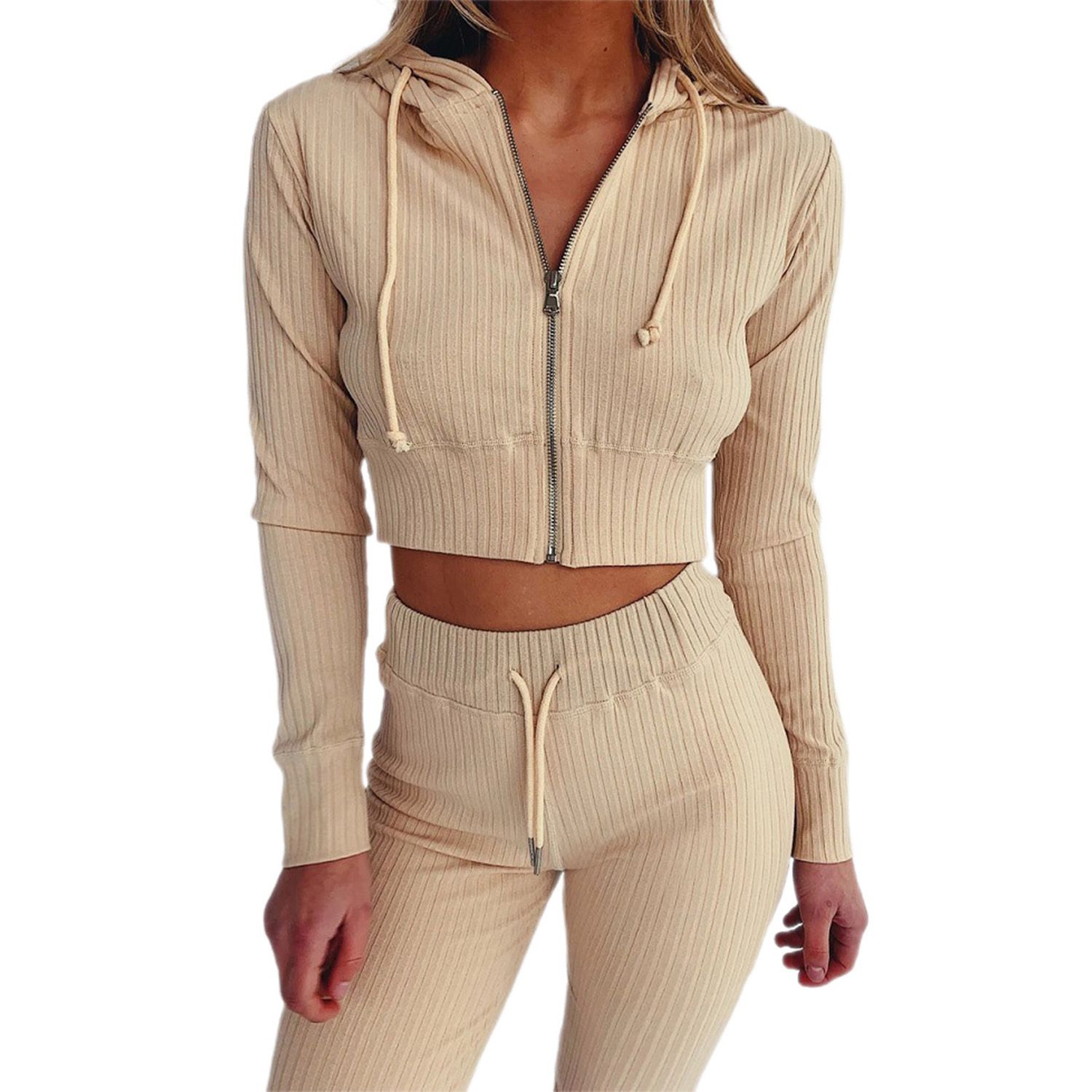 Women 2 Pcs Tracksuit Sets, Zipper Long Sleeve Hooded Crop Top + Tight Long Pant Casual Sport Clothes