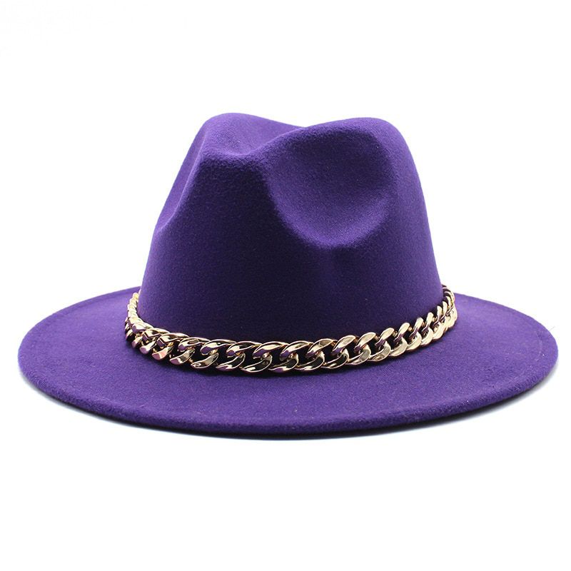 European American Big Chain Fedoras Fuax Woolen Brim Felt Cap Jazz Men Women Hat