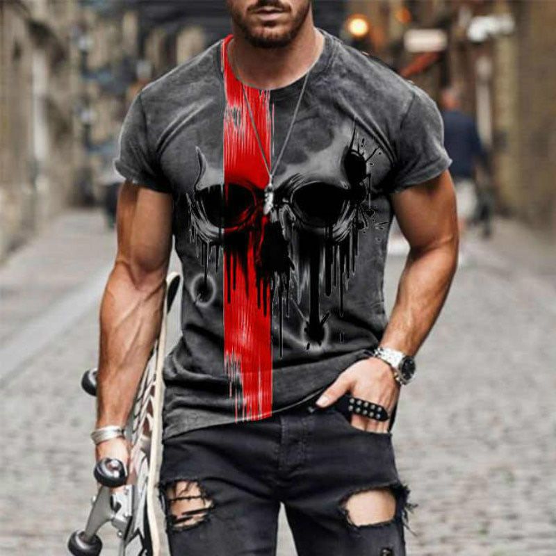 Fashion Summer Men's Street Skull Head 3D Printing Uni Clothes Plus Size Comfortable Round Neck Short Sleeve Male T-Shirt Top