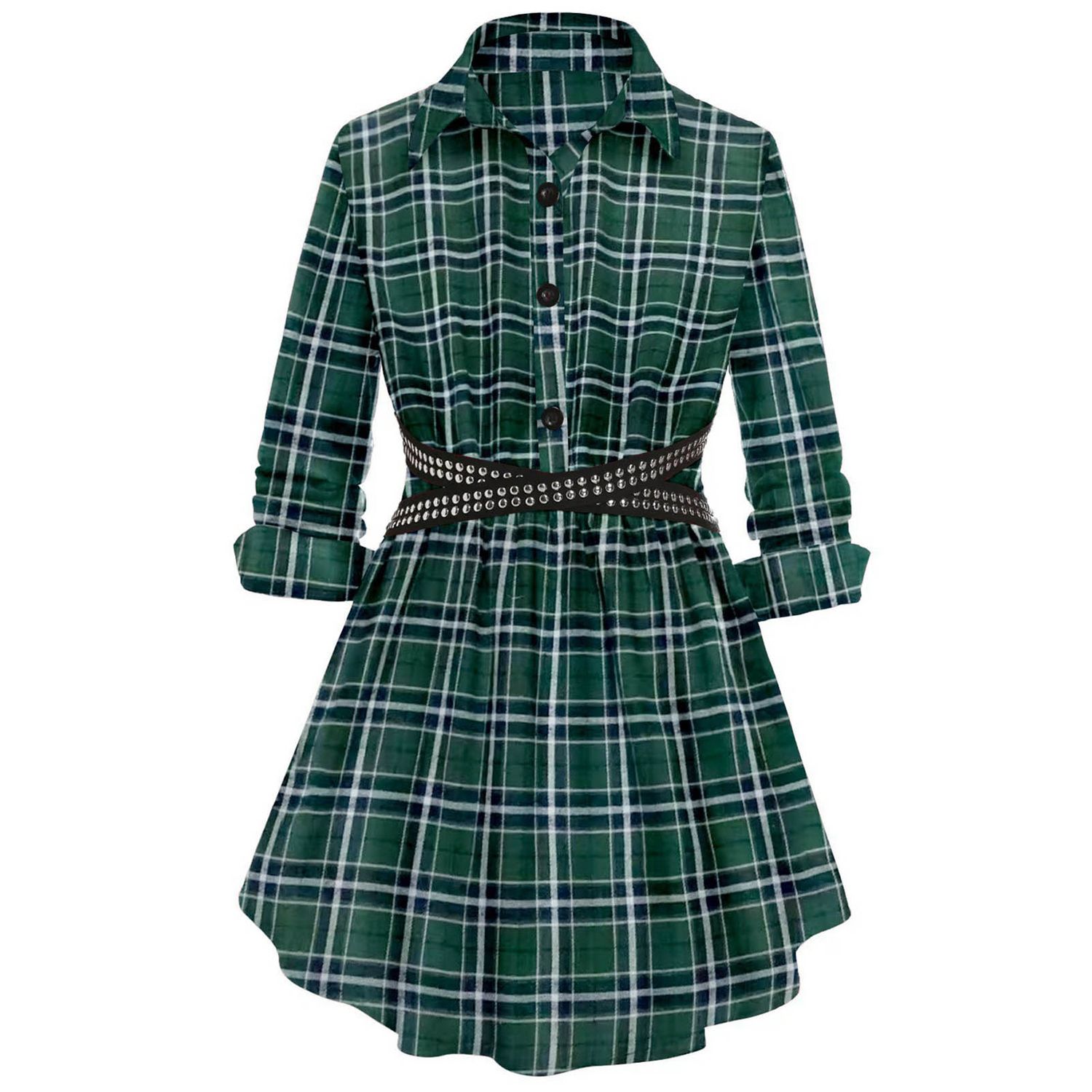 Long Shirtd-Length Plaid Waist Tight Casual Shirt
