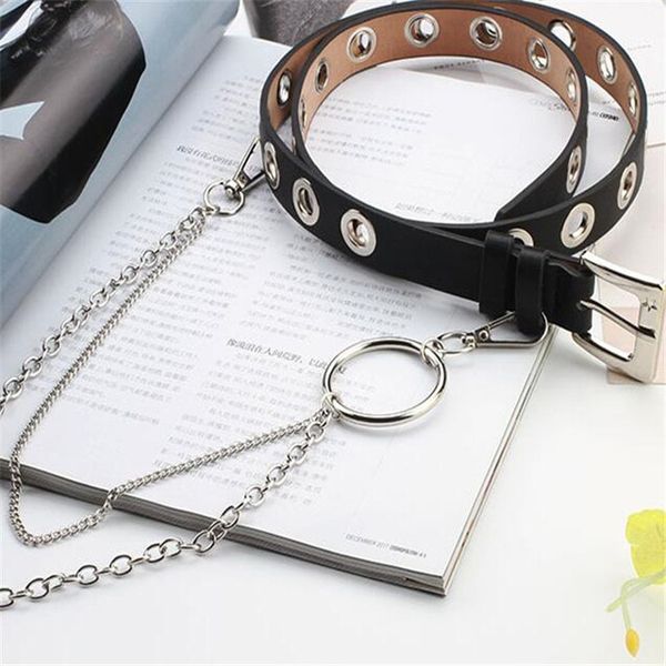 New Women Fashion Wild Unisex Belts High Quality PU Hollow Belt Metal Ring Punk Wind Chain Belt Decoration