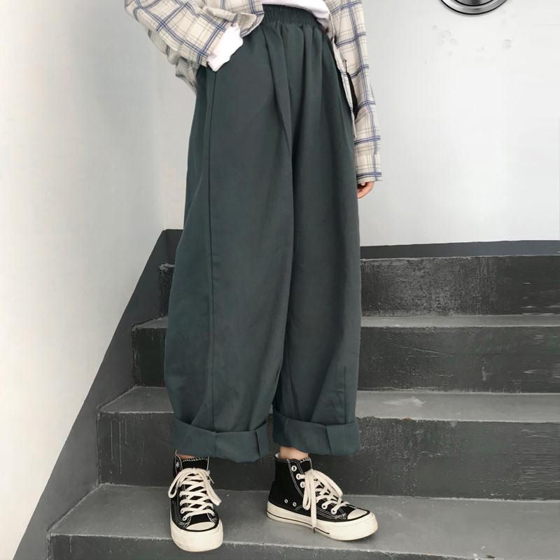 Women Pants Solid Wide Leg Trousers Womens Leisure Retro Ankle-length All-match Korean Style Ulzzang Daily Fashion
