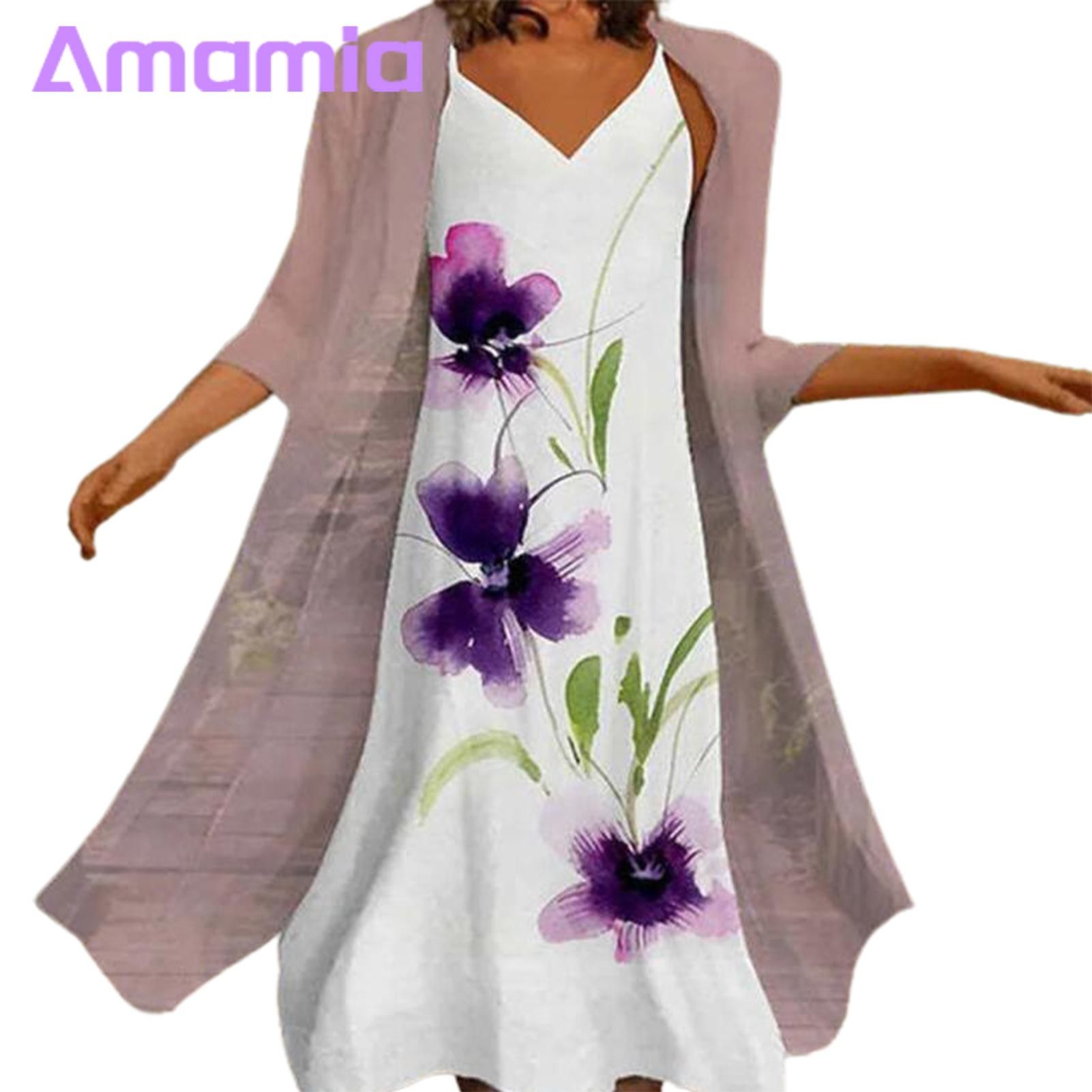 Maxi Dress Set V Neck Sleeveless Flower Pattern Dress Coat
