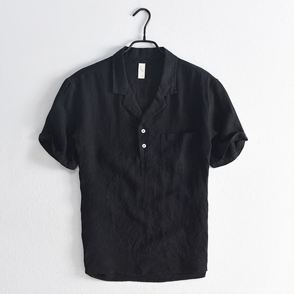 Yfashion Men  Shirt Cotton Linen Casual nese Style Lapel Short-sleeve Solid Color  Shirt color