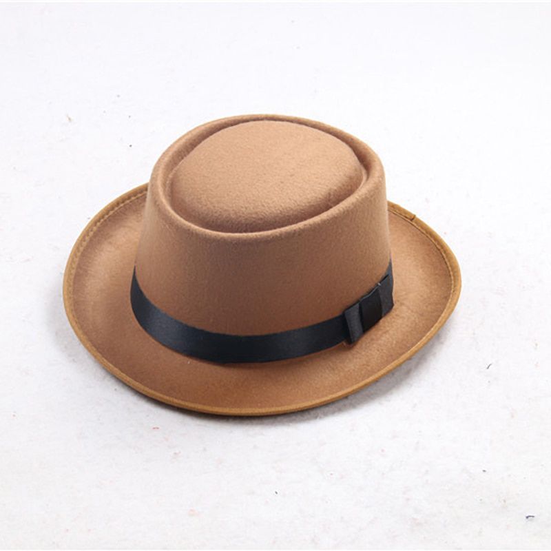 Father uses ple faux wool men's black gentleman flat top bowler hat concave top head wearing jazz hat bucket hat woman cap