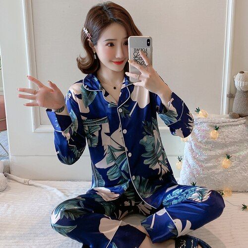 Women Sleepwear Autumn Pajamas Set Fake Silk Print Sweet Women Pijama Set Girl Nightgown Loose Waist Long Pant Silk Pajamas Sets