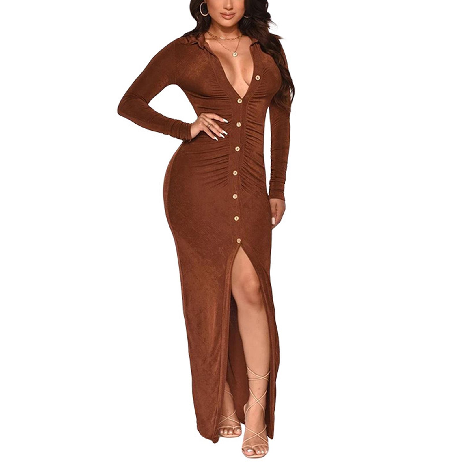 Women's Long Sleeve Long Dress, Plain Color Button-Down Turn-Down Collar Slim Fit Dress, Casual Elegant One-Piece Clothes