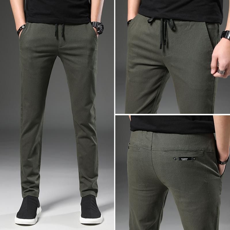 Green Grey Black Slim Men's Casual Pants Chinos Slacks Skinny Trousers Long Seluar Stretch Drawstring Waist