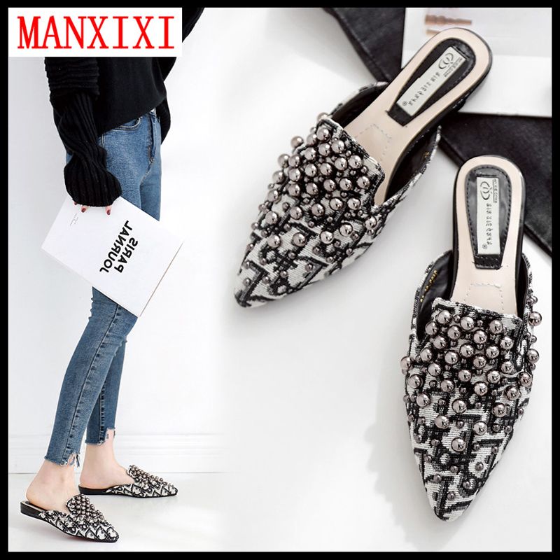 【FOOT SOFA】Fashion Mules Sandals Nice Pearl Inlay Flat Heel Slippers Slip On Shoes For Women（35-40 Size）