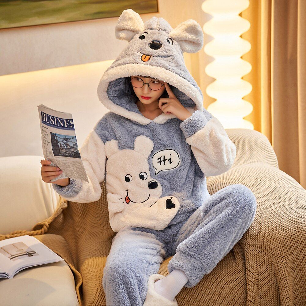 Oversize 6XL Women's Thick Warm Flannel Pajama Set Kigurumi with Hood Cartoon Shaggy Terry Women's Cute Night Suits Outer Wear