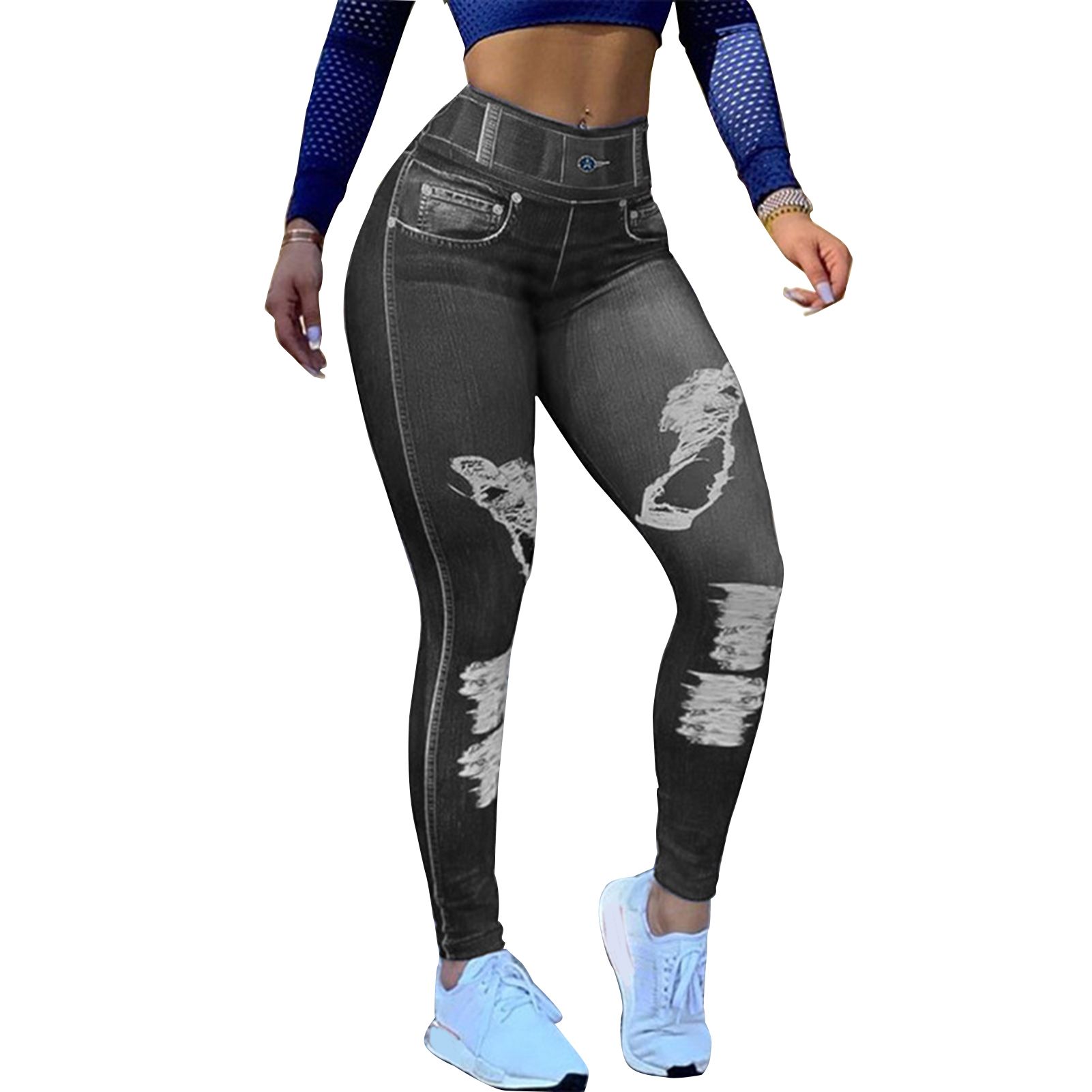 Women Pants Solid Color Scratched Slim-fitting Faux Denim Jeggings