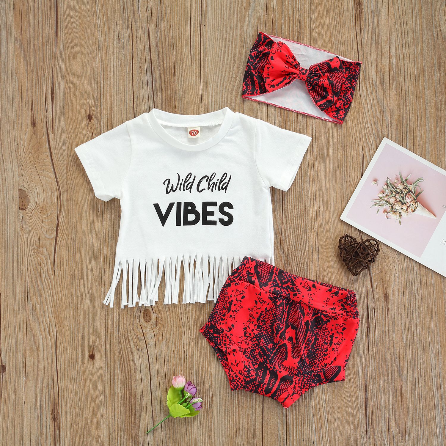 3Pcs Newborn Baby Summer Outfits, Short Sleeve Letter Print Tassel Tops + Shorts + Headband Set