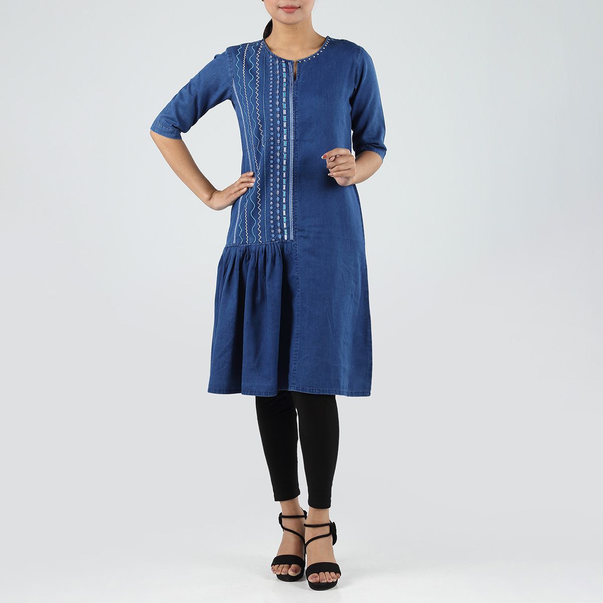 QRIUS Embroidered Denim Long Top