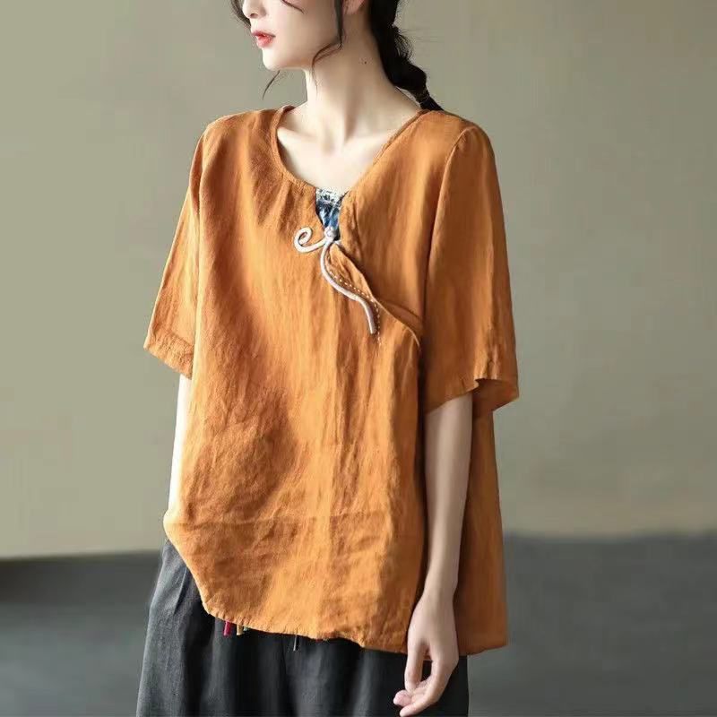 Women Shirt Cotton Linen Retro Diagonal Shirt Loose Large Size nese Embroidered Small Shirt color