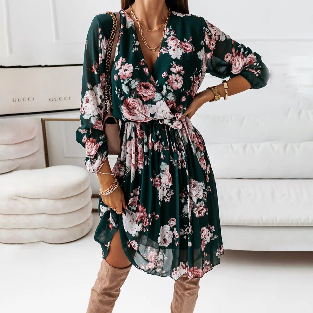 Chiffon Long Sleeve Floral Print Dress Women Autumn Casual Deep V Neck Green Pleated Office Dresses For Women Robe Femme