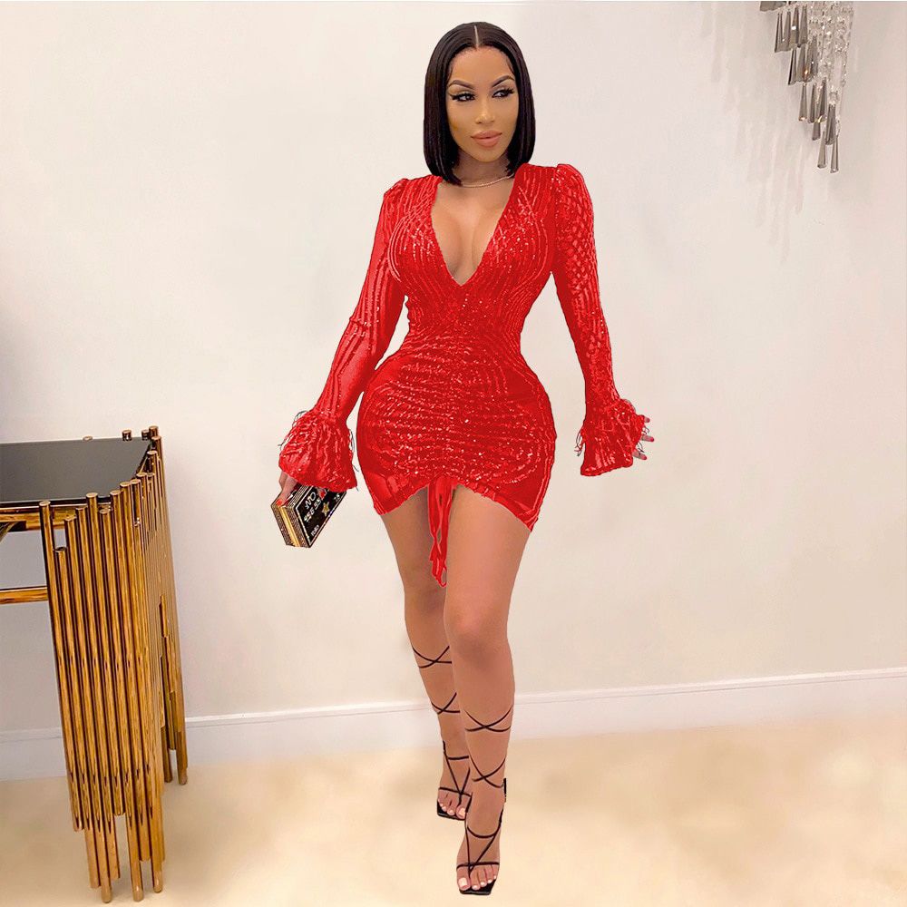 Echoine Luxurious Sequin V-neck Black Mini Dress Women  Bodycon Sheer Mesh Patchwork Flare Sleeve Party Night Club Dresses