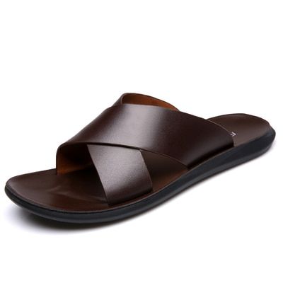 Calf Leather Men sandals Velcro,Sports Summer thick sole 3CM Shoes,Male Beach shoes Black shoes Velcro Sandals wear Rainy days