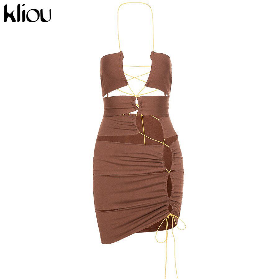 Hollow Out Bandage Drawstring Halter Mini Dresses For Women Party Club Hot Outfits Lace Up Backless Skinny Bodycon