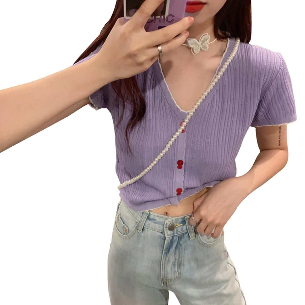 Women's Rib Knit Crop Tops, Sexy V Neck Short Sleeve Color Block Button Front T-Shirt
