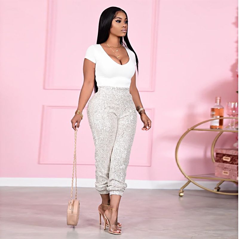 Women Sequin Shiny Long Pants, High Waist Sexy Sparkle Party Club Trouser Costume