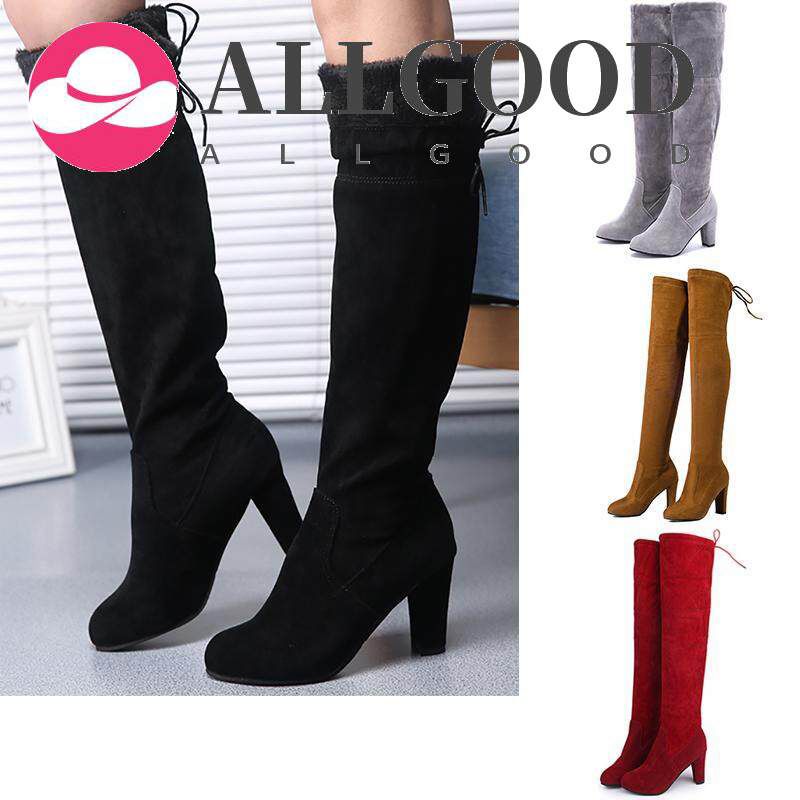 New Women's Over Knee High Boot Lace Up High Heel Faux Suede Femme Long Thigh Boots Shoes Black Gray Dark Red