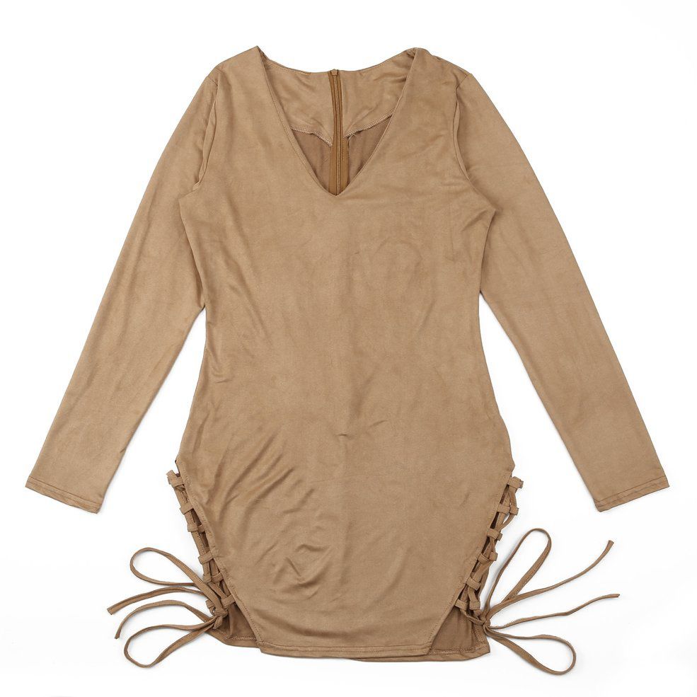 Women Fashion Slit To Thigh Bodycon s Solid Color V-neck Dress