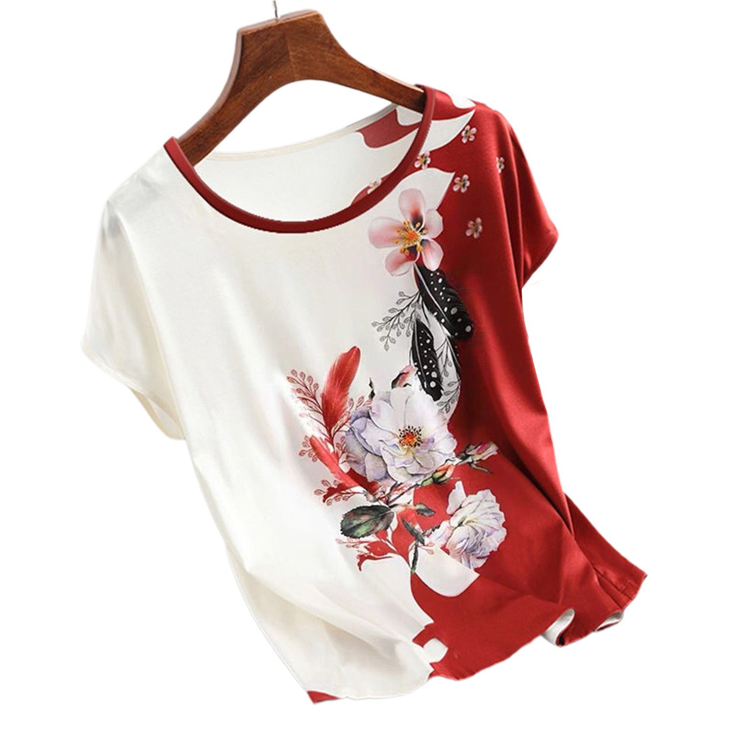 Women T-shirt Floral Print Loose-fitting Crew Neck Blouse
