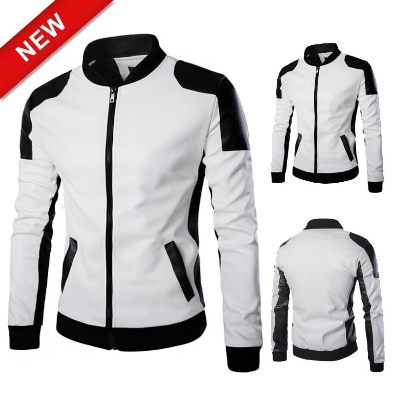 Fashion Men Motorcycle Leather Zipper Coat Stitching Leather Clothing Slim Leather Jacket