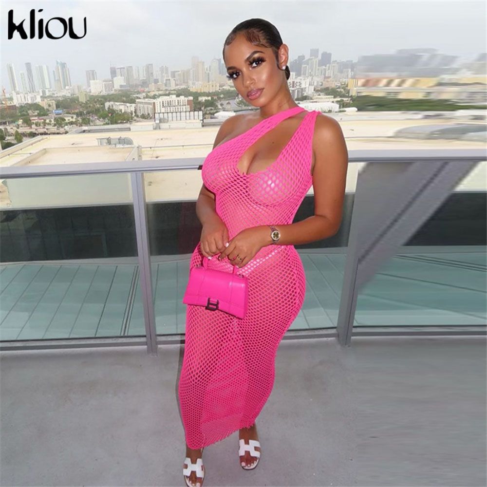 Kliou Grid Inclined Shoulder Maxi Dress  See Through Women New Sleeveless Backless Female Clubwear Apparel No Panties