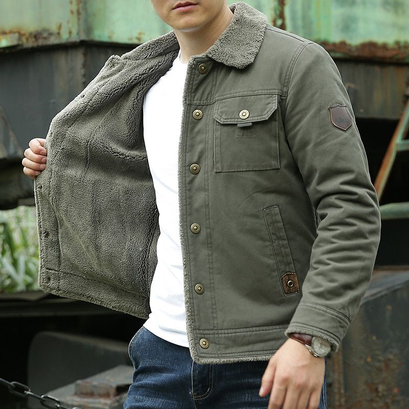 Men Bomber Jacket Men's Winter Coat Plus Velvet Thickening Green Middle-aged Casual Jacket Short Tooling Loose Jacket Men