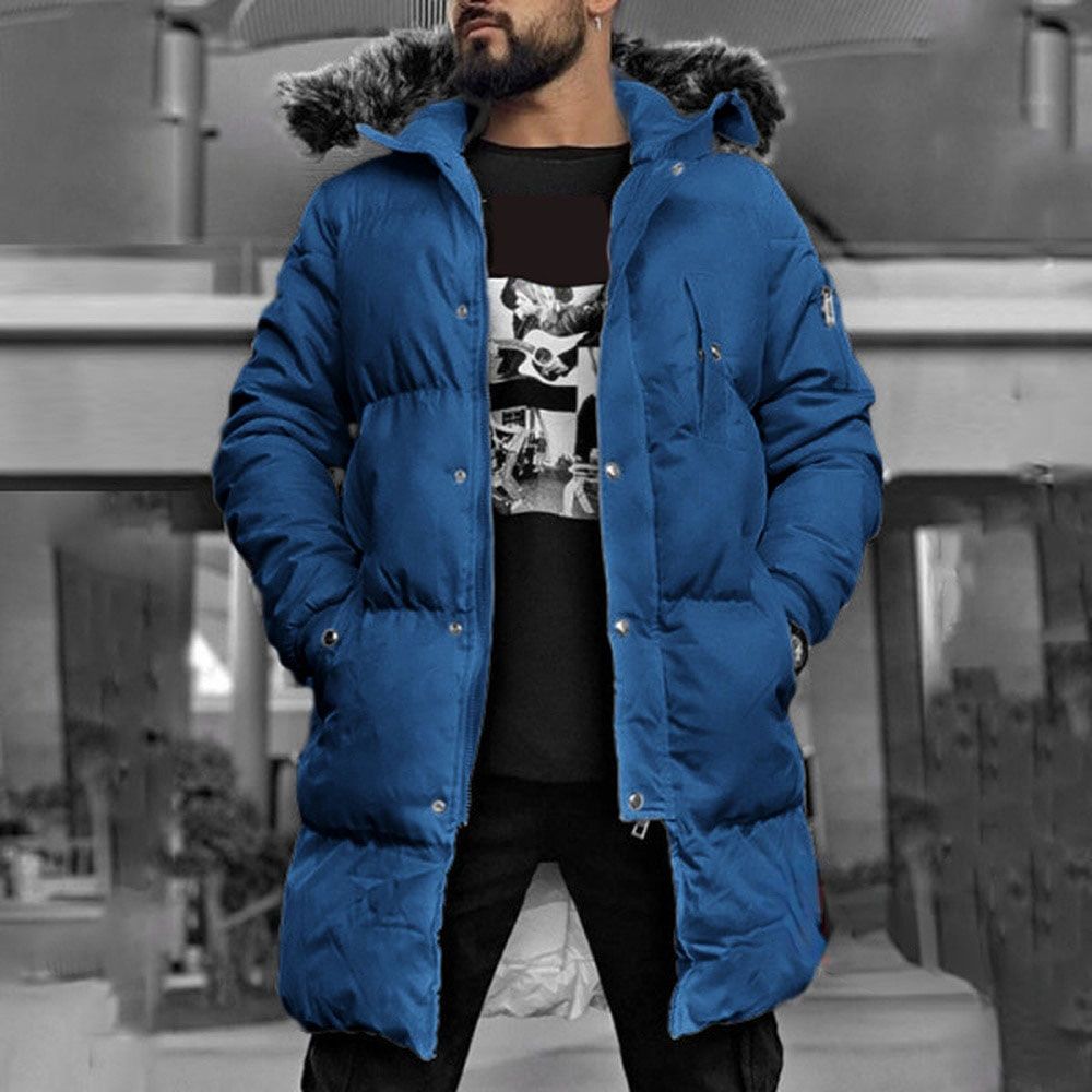 Winter Men's Thick Parka Hooded Coat Cotton Fashion Cotton-padded Long Jacket Zipper Long Sleeve Solid Color Men's Jackets