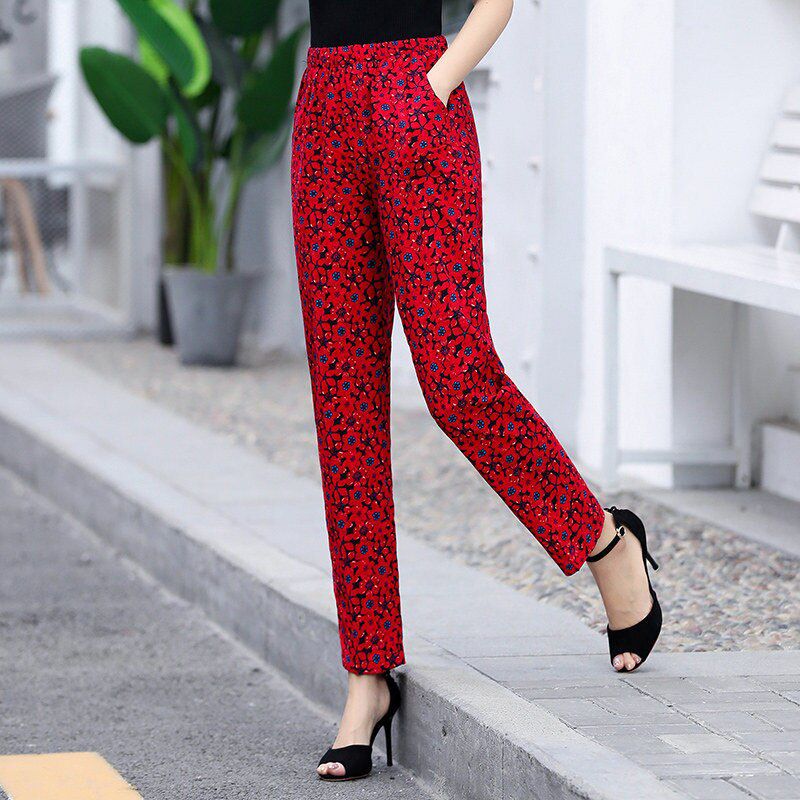 Summer Women Pants Beach Wear Floral Print Plaid Pants Women Long Trousers Female Korean High Waist Pants